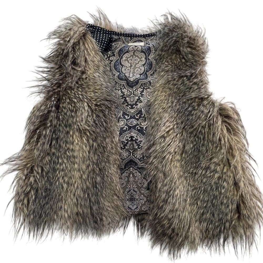 Rozae Vest Womens XS Brown Faux Fur Shaggy Paisley Silk Lining Boho Chic